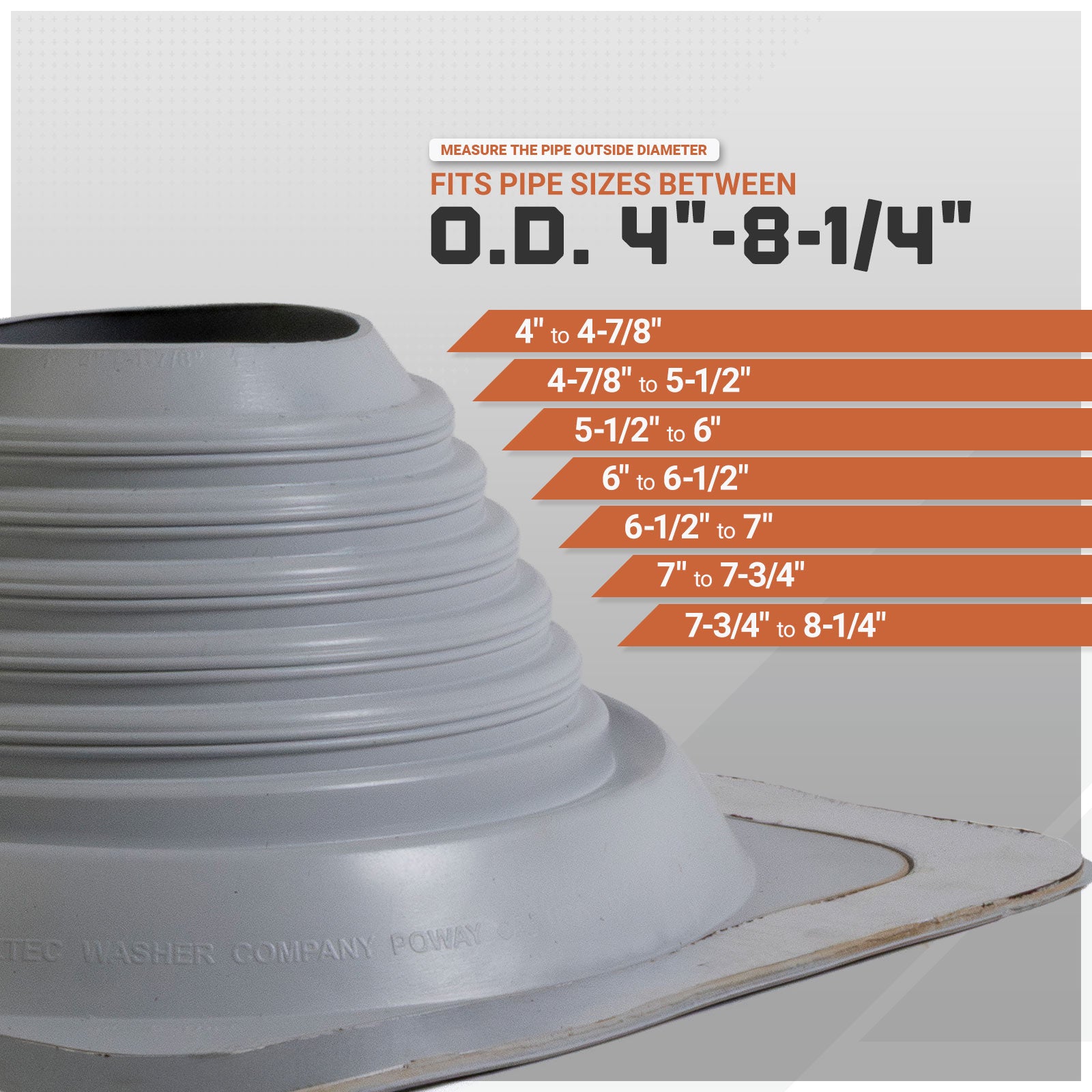 A gray metal pipe boot cone with a flange base, shown on a light gray background with an informational chart listing pipe sizes from outside diameter