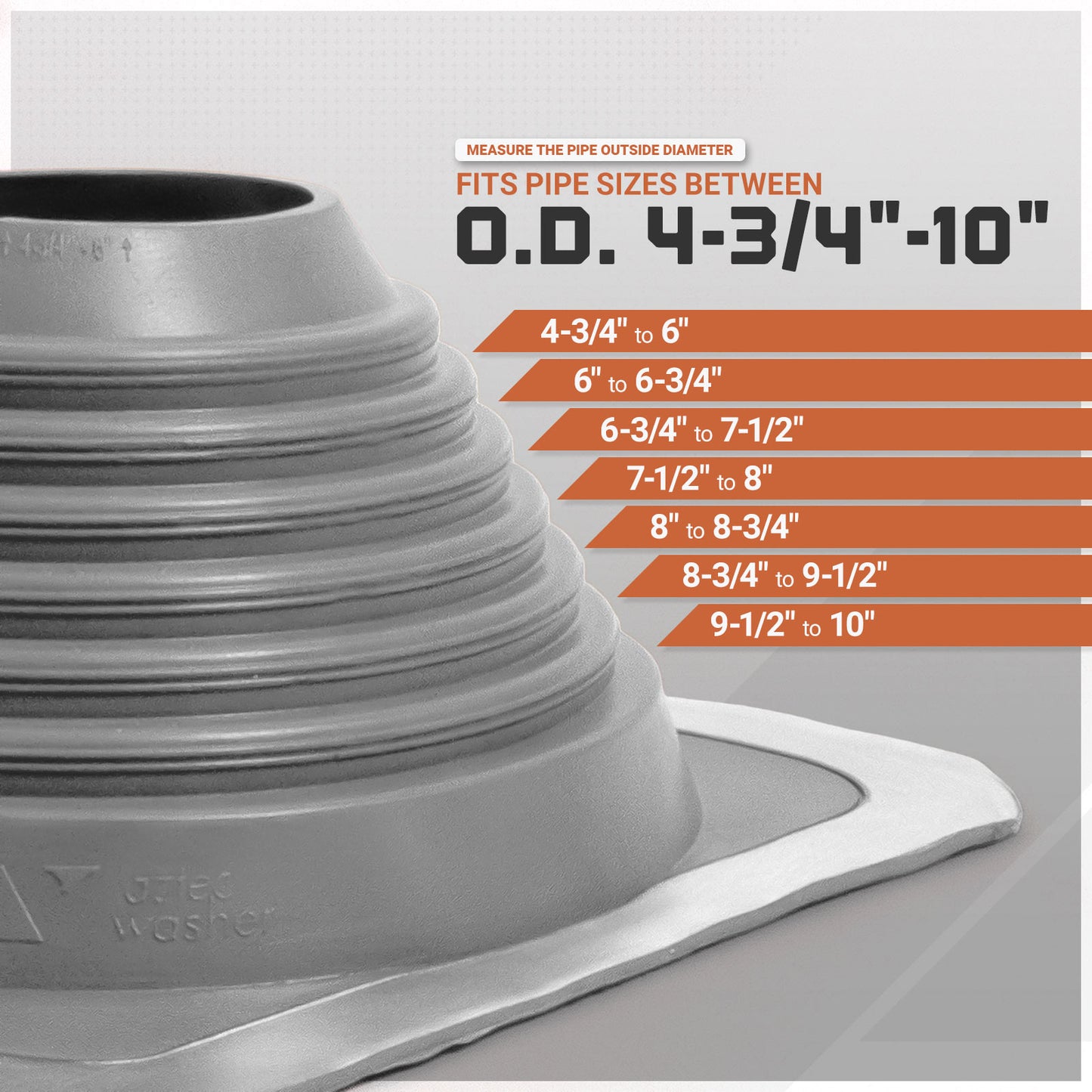 A gray metal roof boot with a flange and a measurement guide overlay showing pipe size conversions from outer diameter