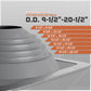 A close-up of a gray roof boot with printed size markings, shown on a light gray background with orange text overlays explaining pipe size measurement ranges from 9-1/2" to 20-1/2".