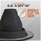 Black metal roof boot with text indicating pipe size range and cutting capability on a gray background