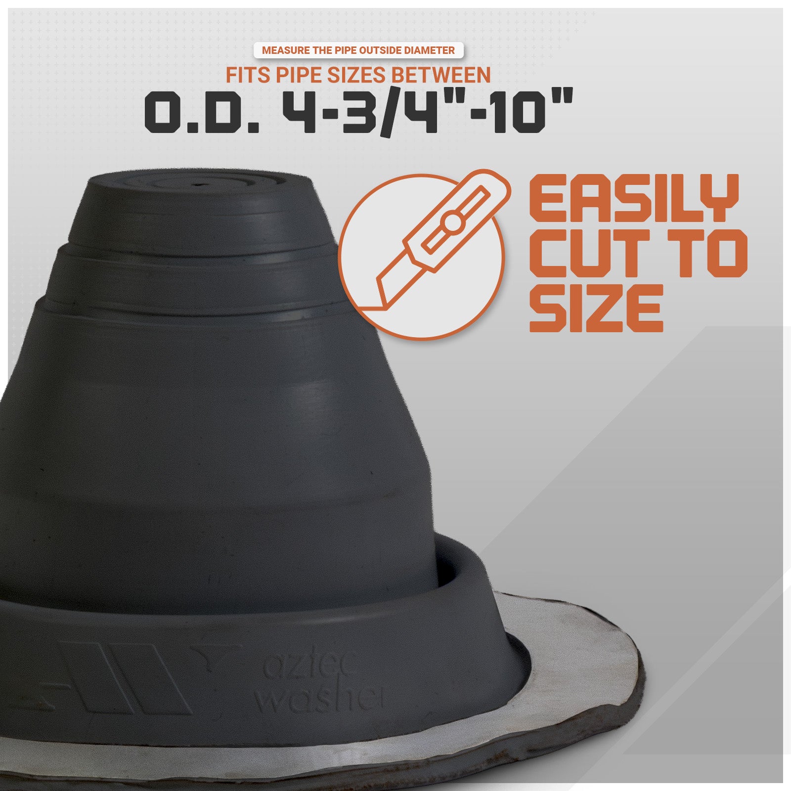 Black metal roof boot with text indicating pipe size range and cutting capability on a gray background
