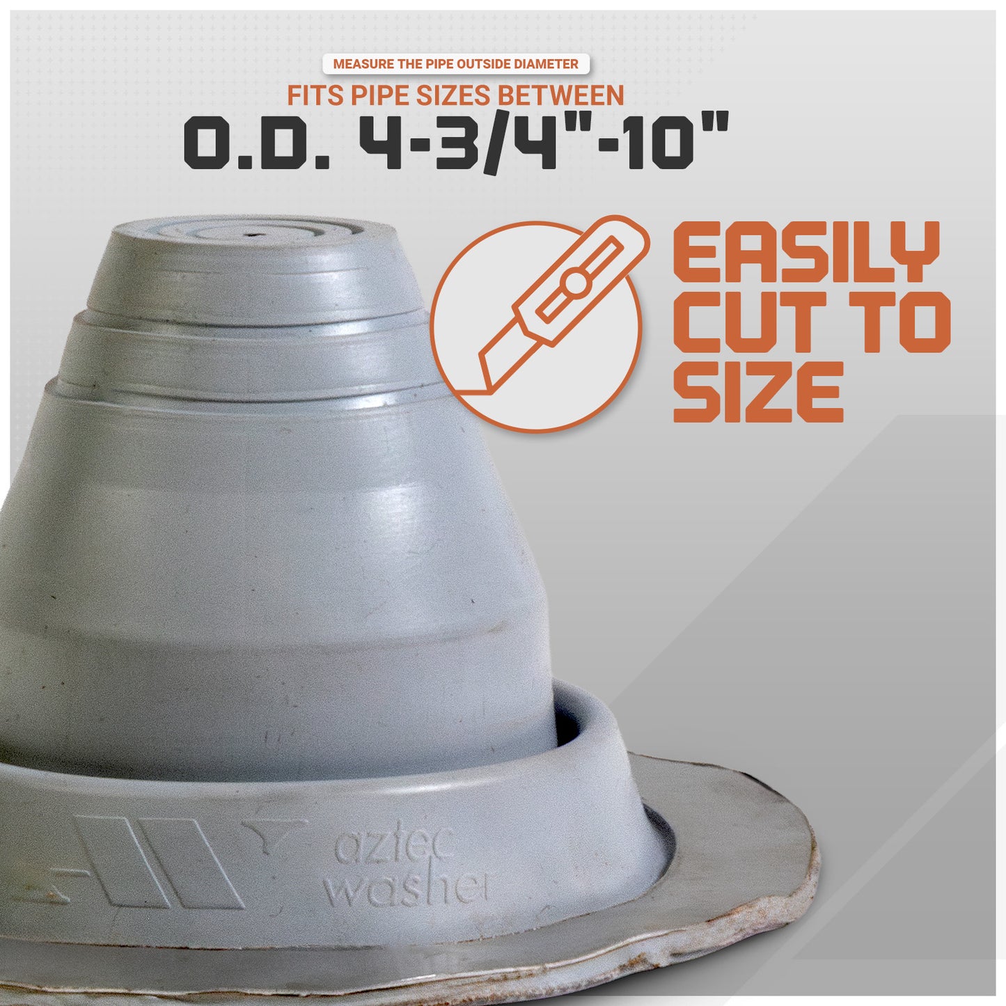 Metal roof boot with text indicating size range and cutting feature on a gray background