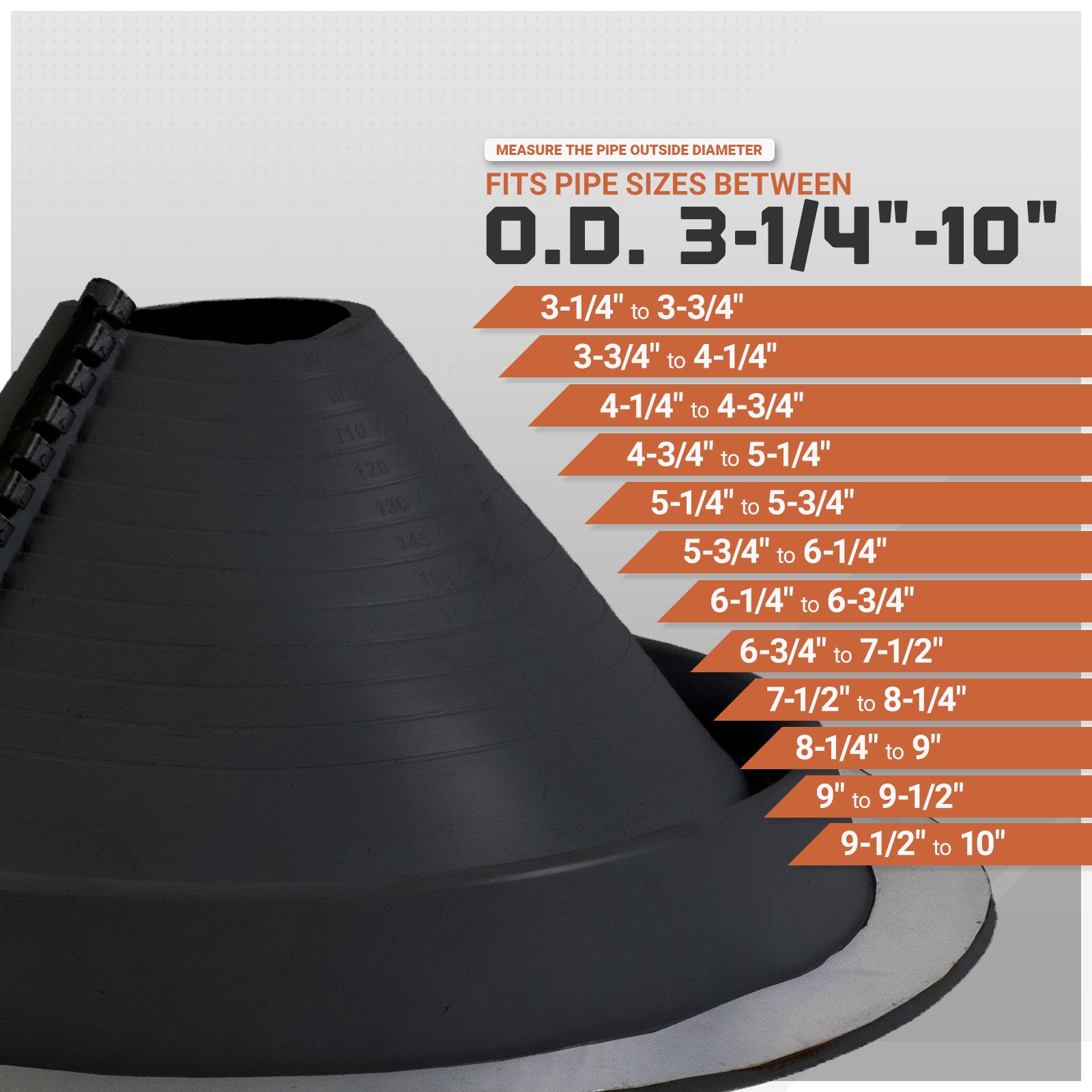 Black pipe boot with size chart indicating fitting range from 3-1/4" to 10" O.D.