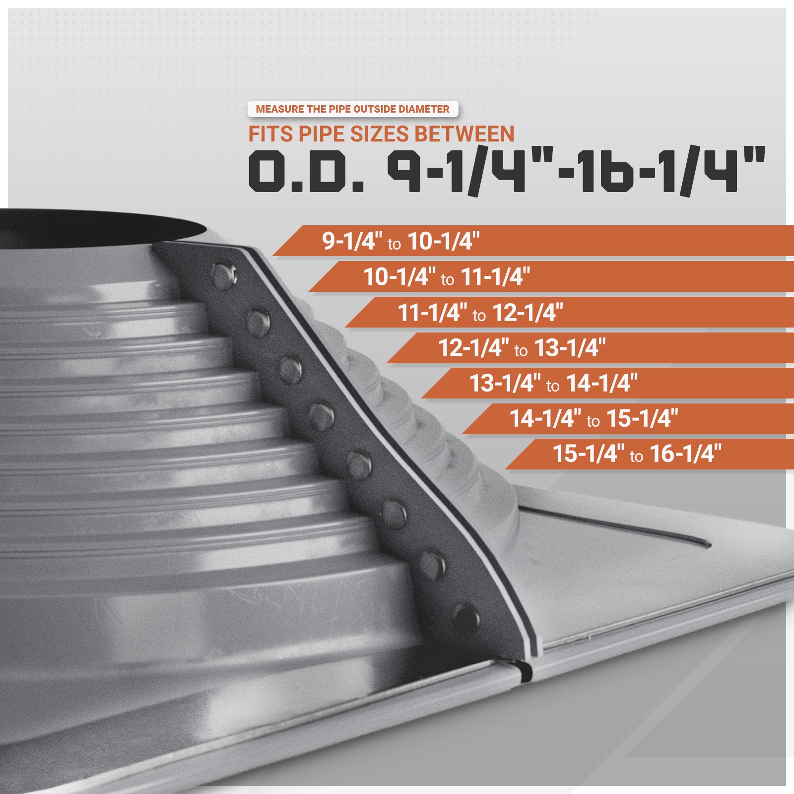 Metal pipe with size measurement chart on a white background