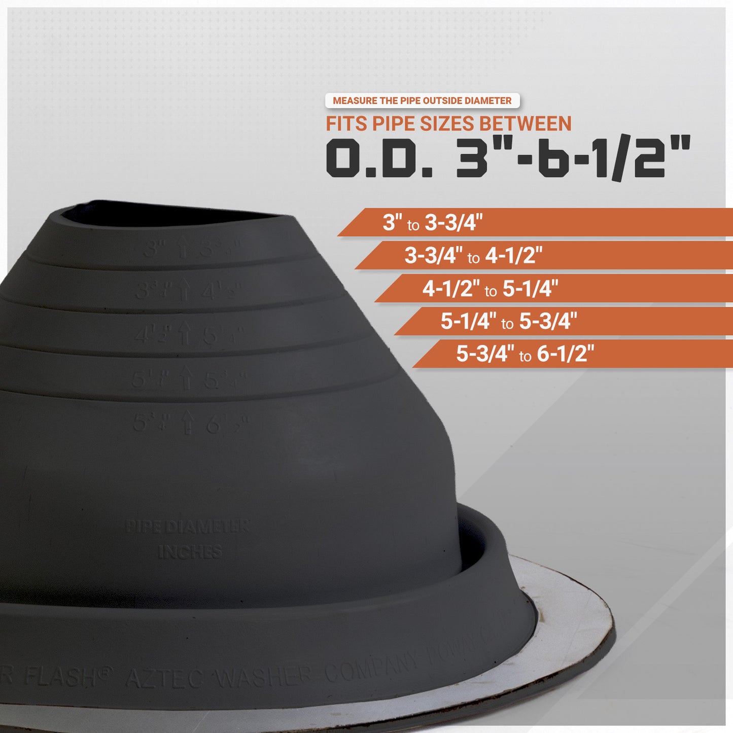 metal roof boot with pipe size measurement chart on a gray background