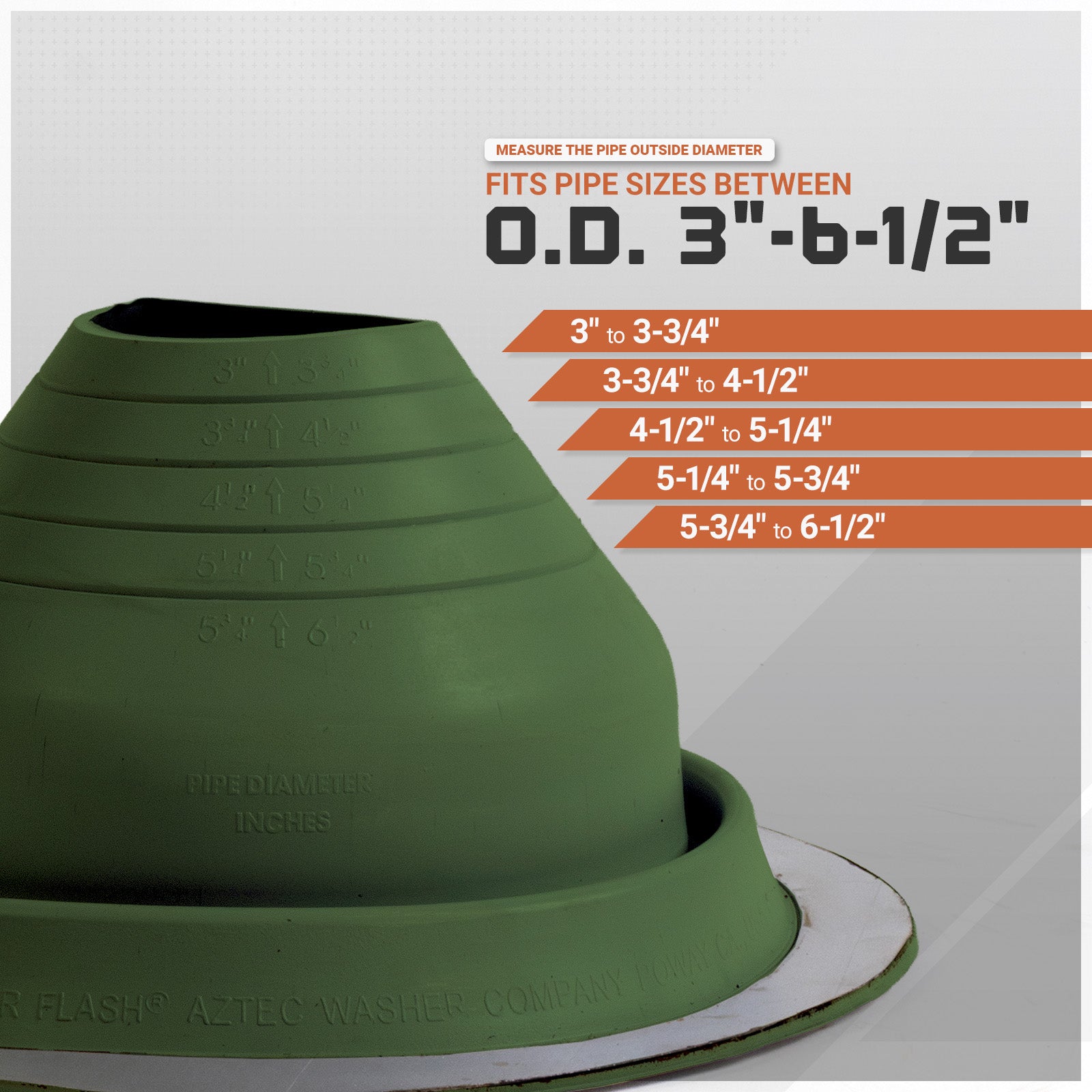 Green metal roof boot with pipe size measurement chart on a white background