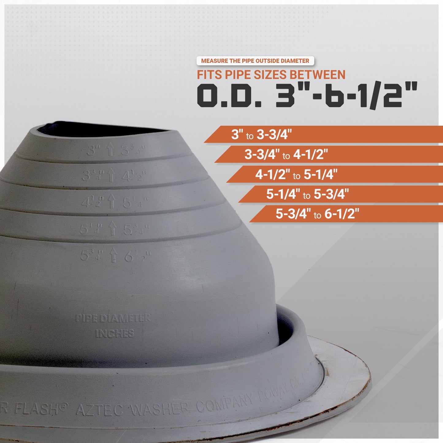 Metal roof boot with pipe size measurement chart on a white background