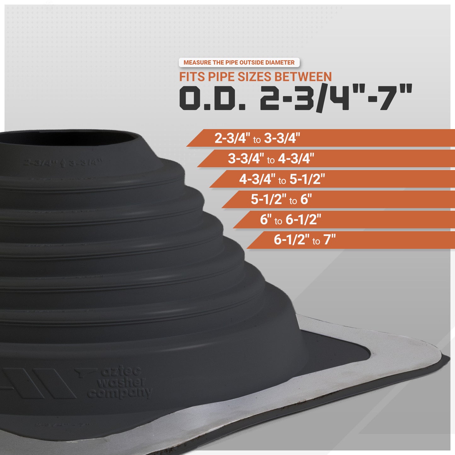 Black pipe fitting with measurement chart on a gray background