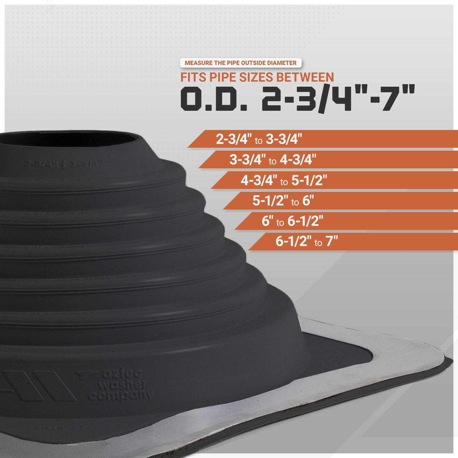 Black pipe fitting with measurement chart on a gray background