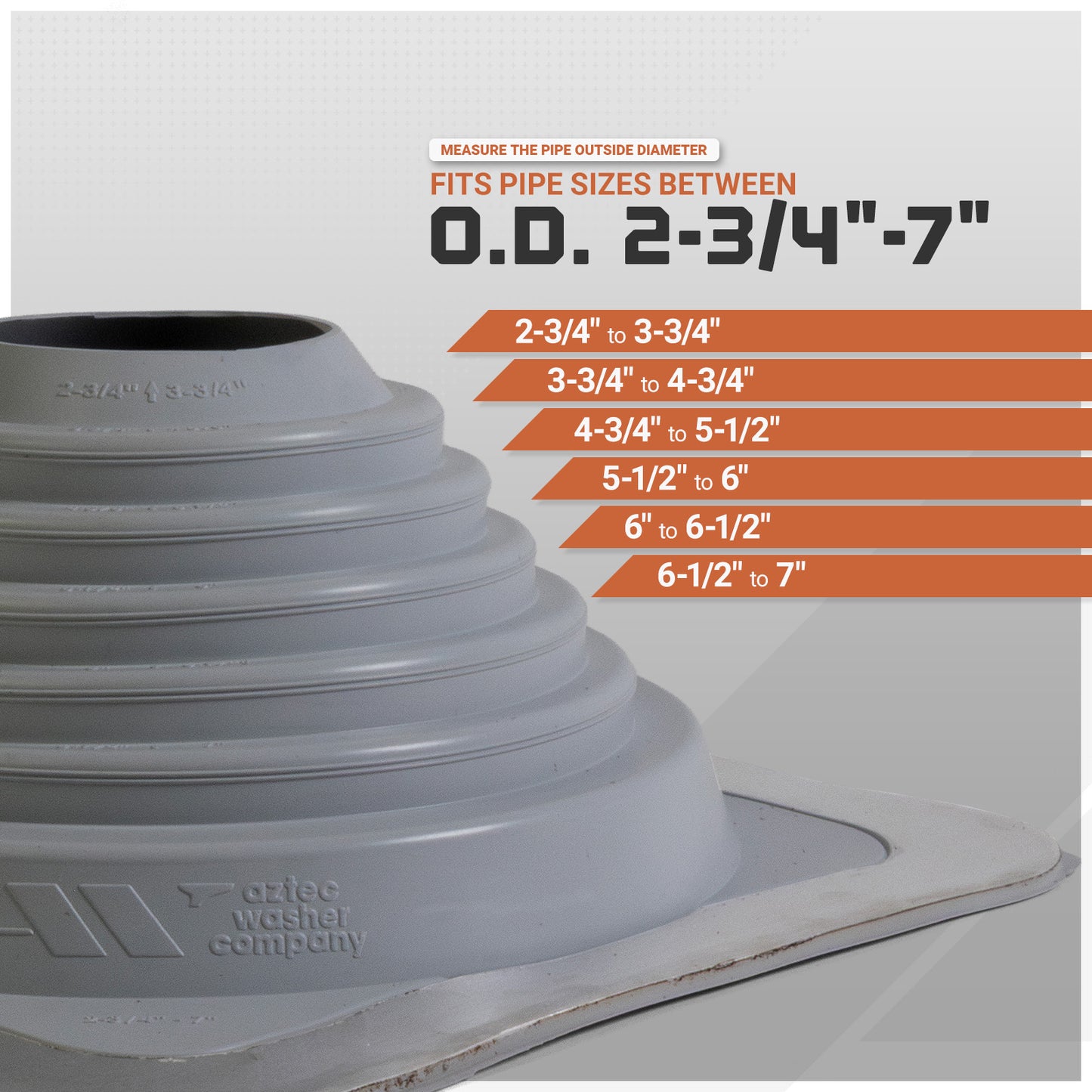 Gray pipe fitting with measurement chart on a white background