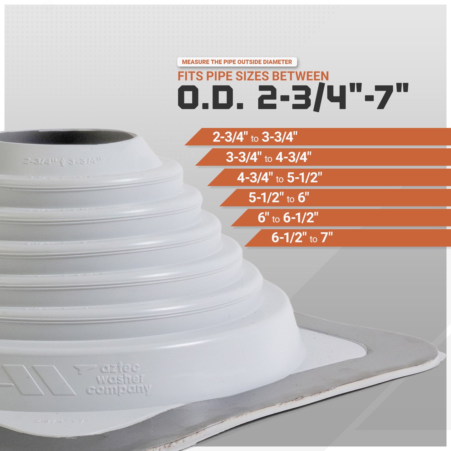 Pipe fitting with measurement chart on a gray background