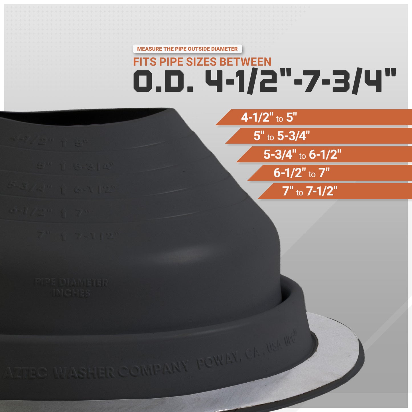 Black pipe fitting with measurement chart on a gray background