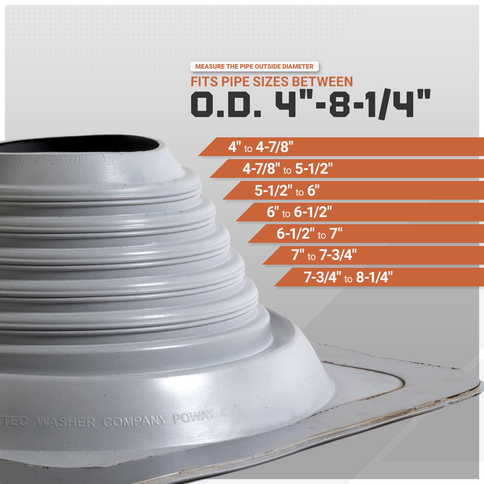 Pipe fitting with measurement chart indicating compatible pipe sizes.