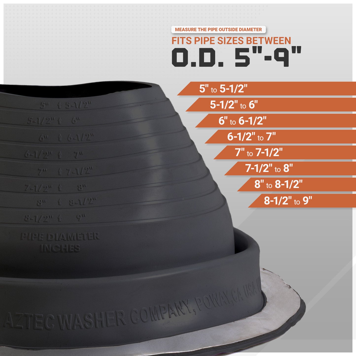 Metal roof boot with pipe size measurement chart on a gray background