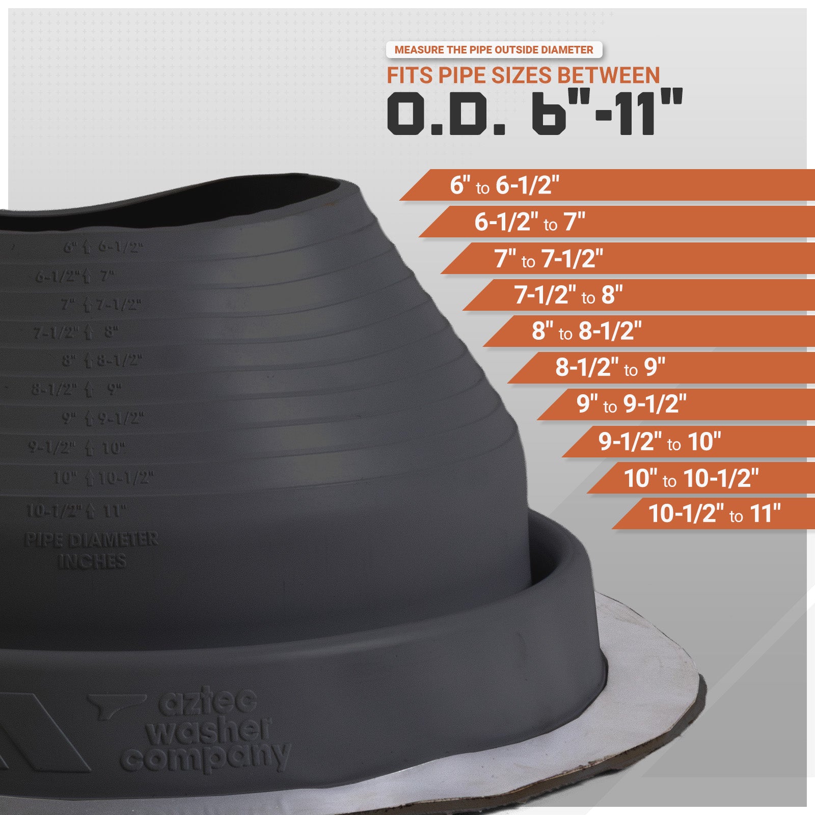 Metal roof boot with pipe measurement chart on a white background