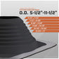 Metal roof boot with pipe size measurement chart on a gray background