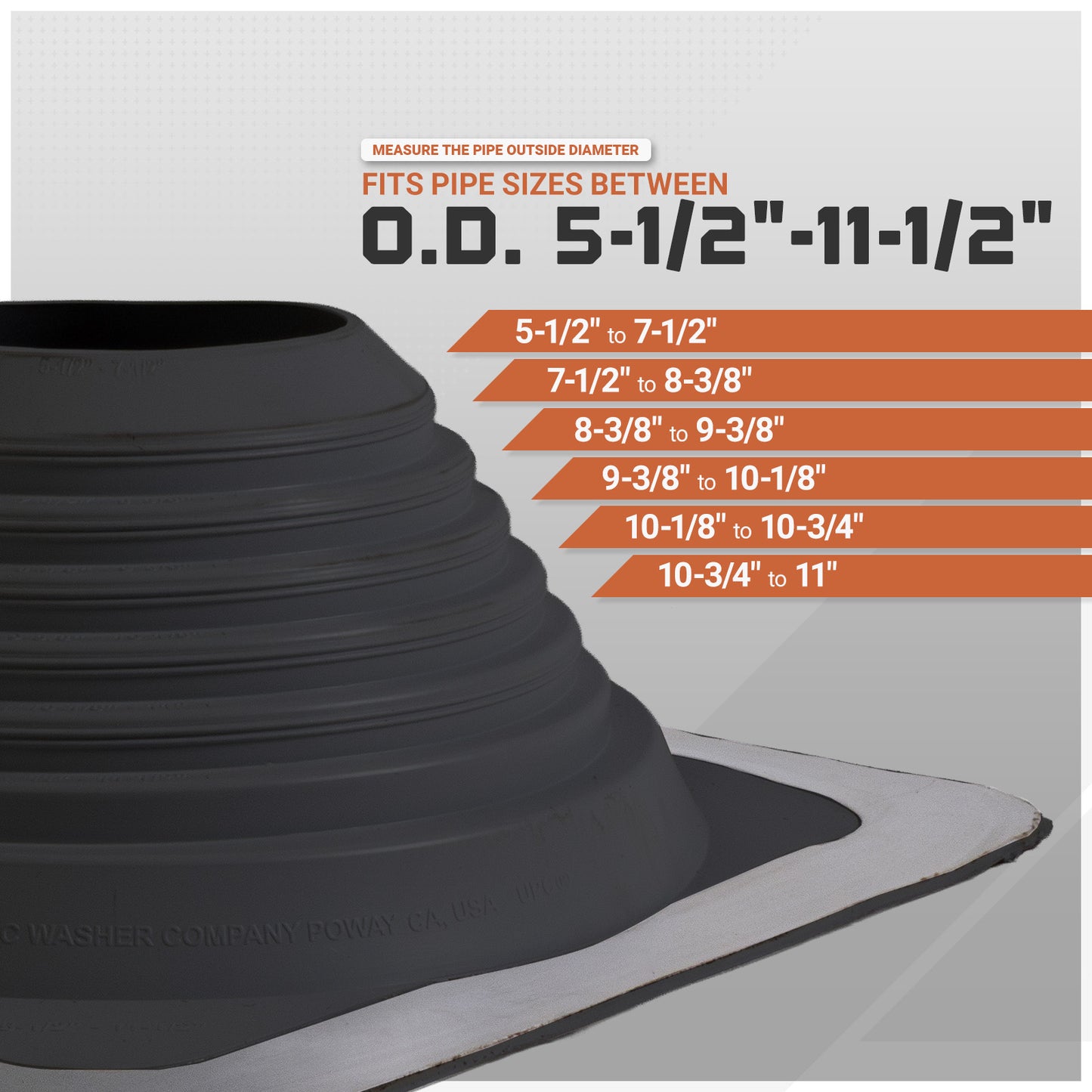 Metal roof boot with pipe size measurement chart on a gray background