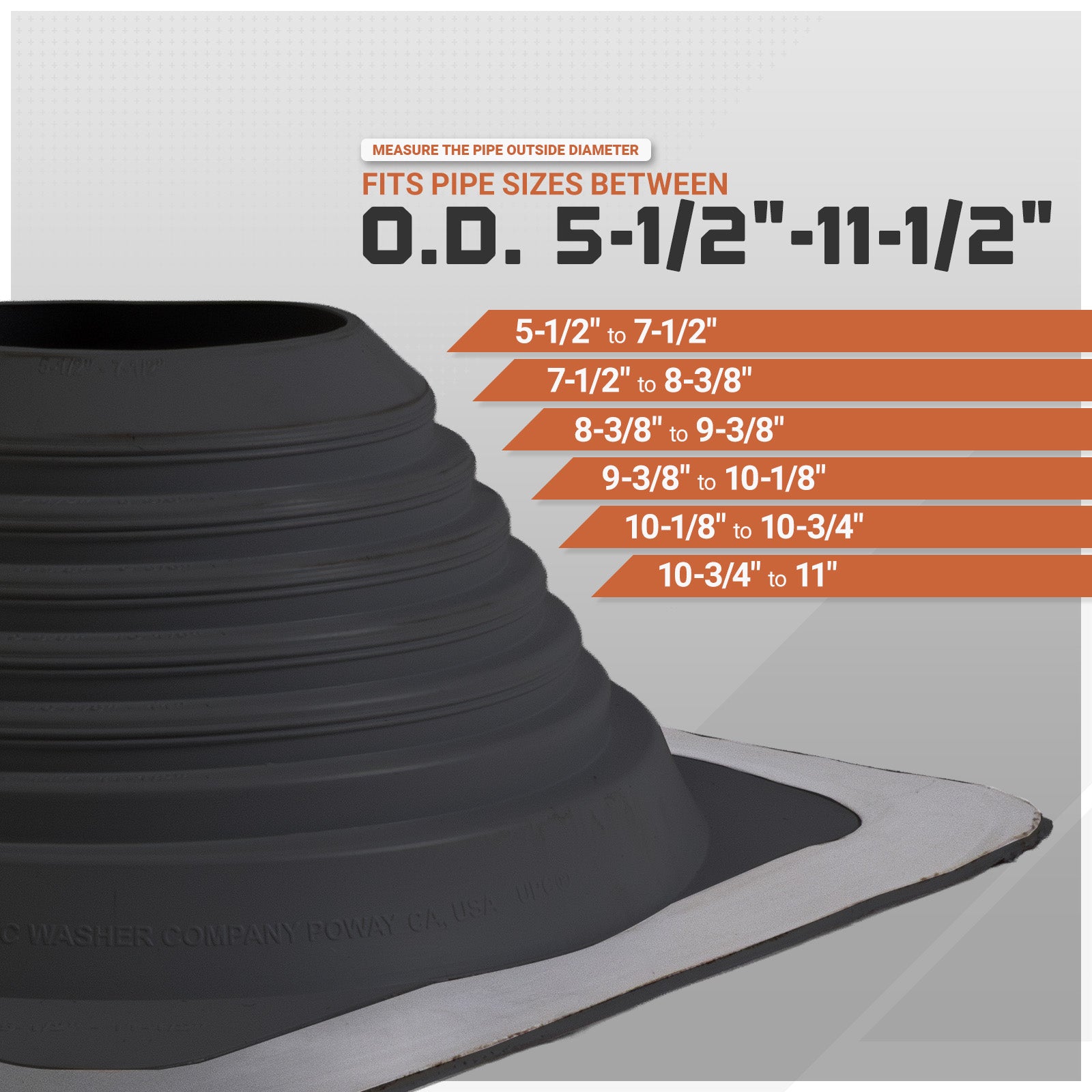 Metal roof boot with pipe size measurement chart on a gray background