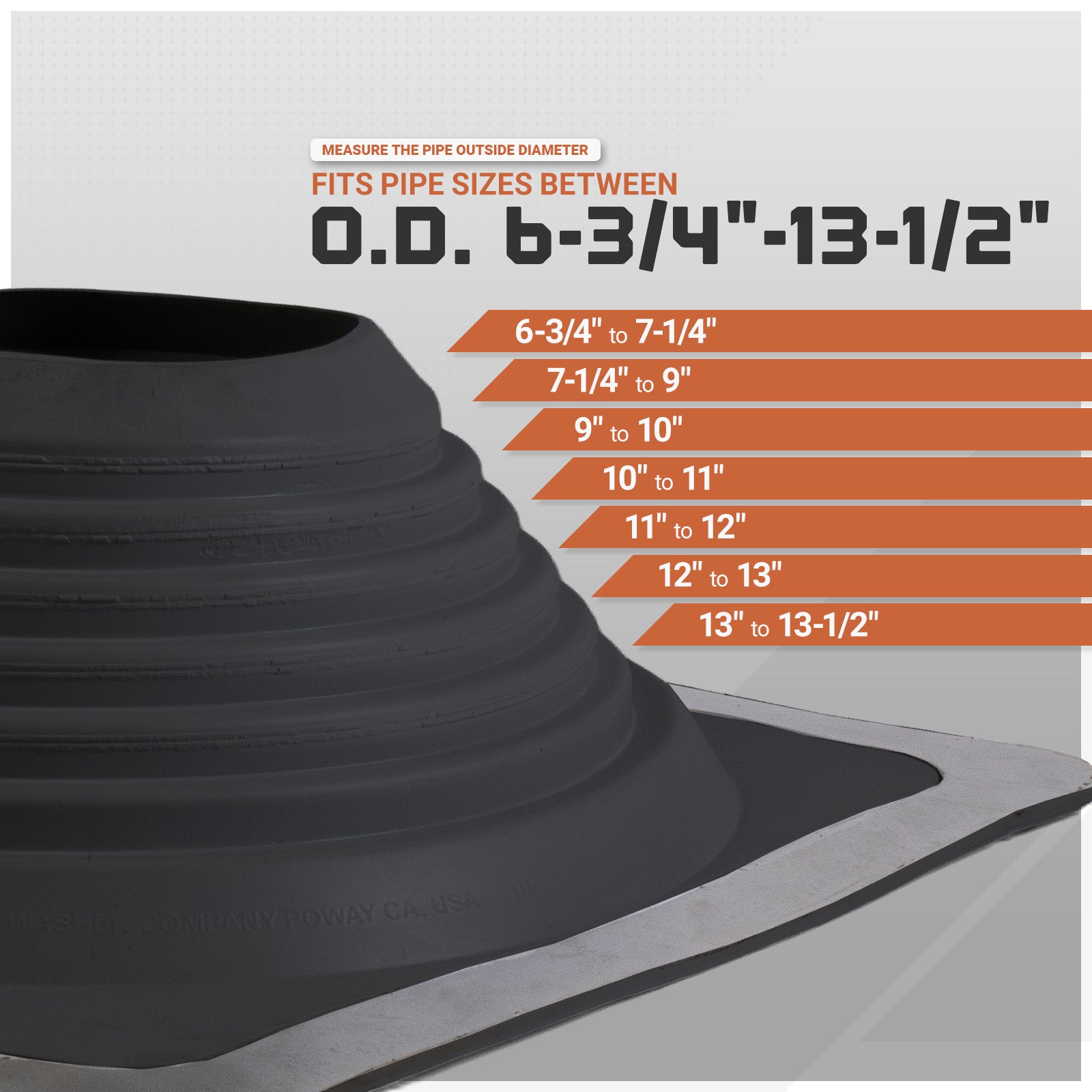 Metal roof boot with pipe measurement chart on a gray background