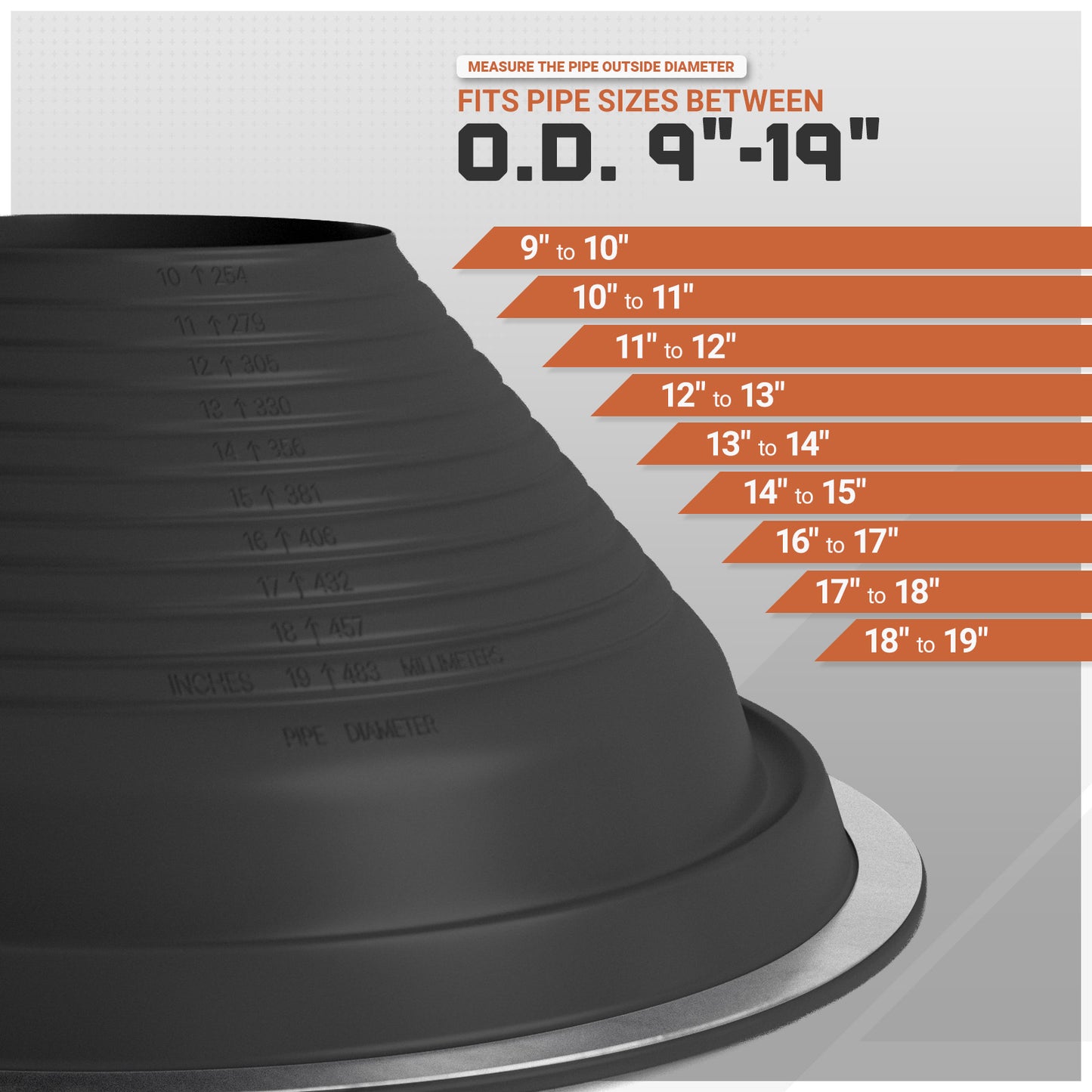Metal roof boot and pipe size measurement chart on a gray background