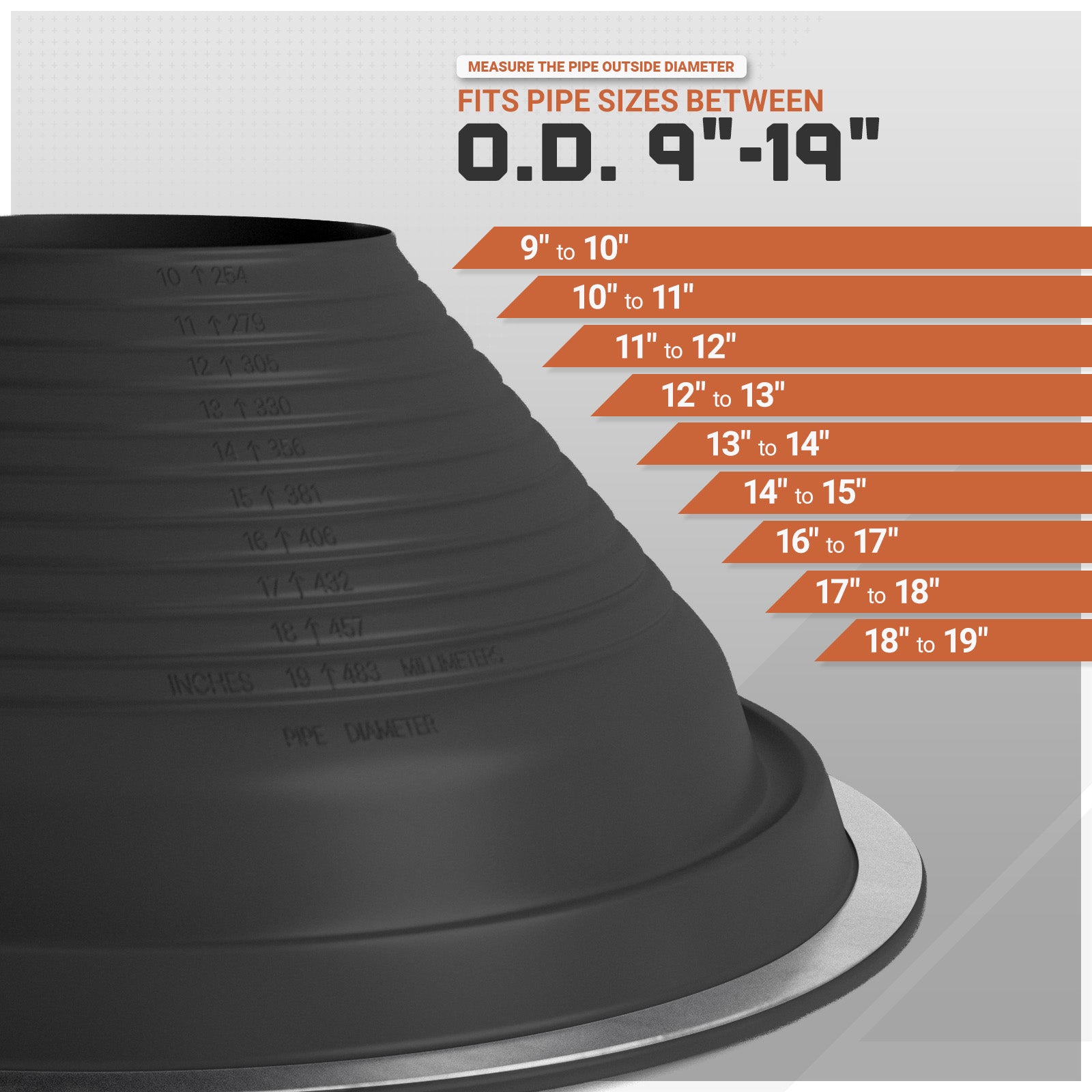 Metal roof boot and pipe size measurement chart on a gray background