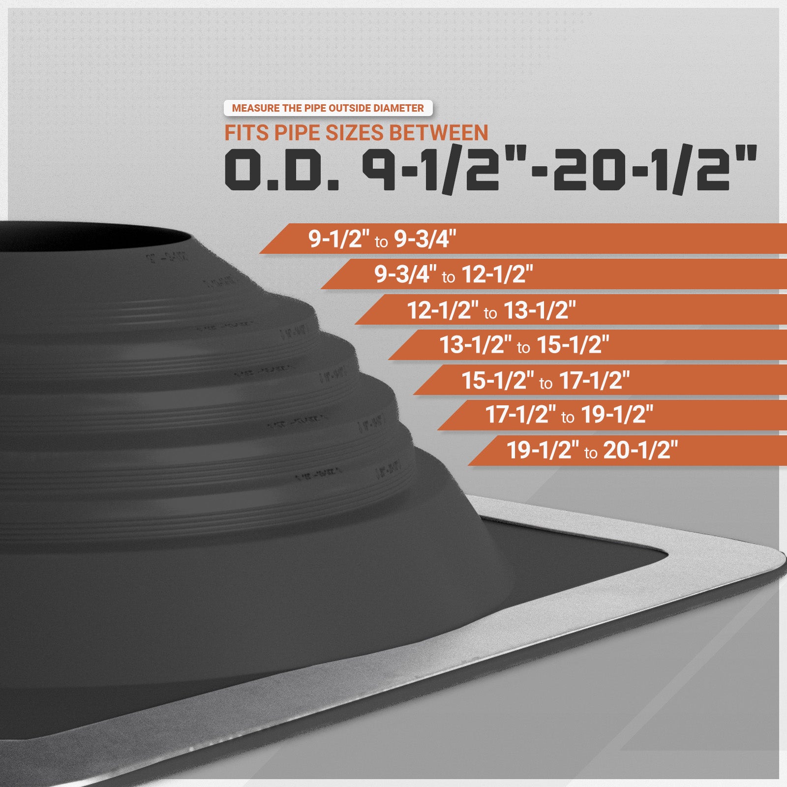 Metal roof boot with pipe size measurement guide on a gray background