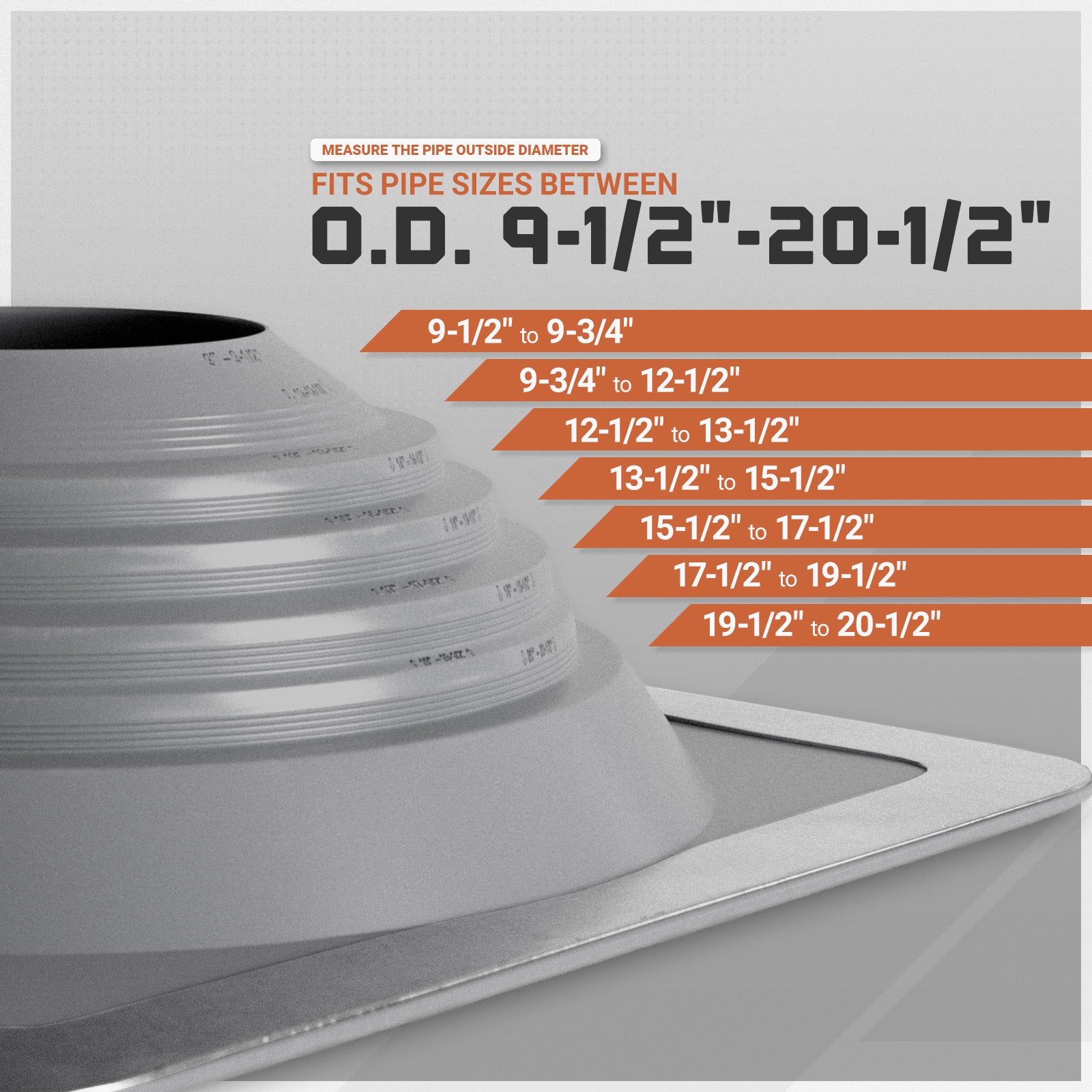 Metal roof boot with pipe size chart indicating fitting sizes for pipe diameters between 9-1/2" and 20-1/2".