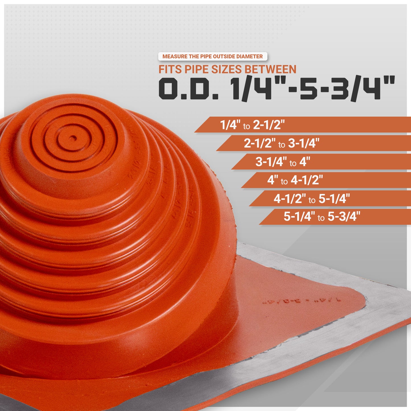 Orange pipe size chart with measurement guide on a white background