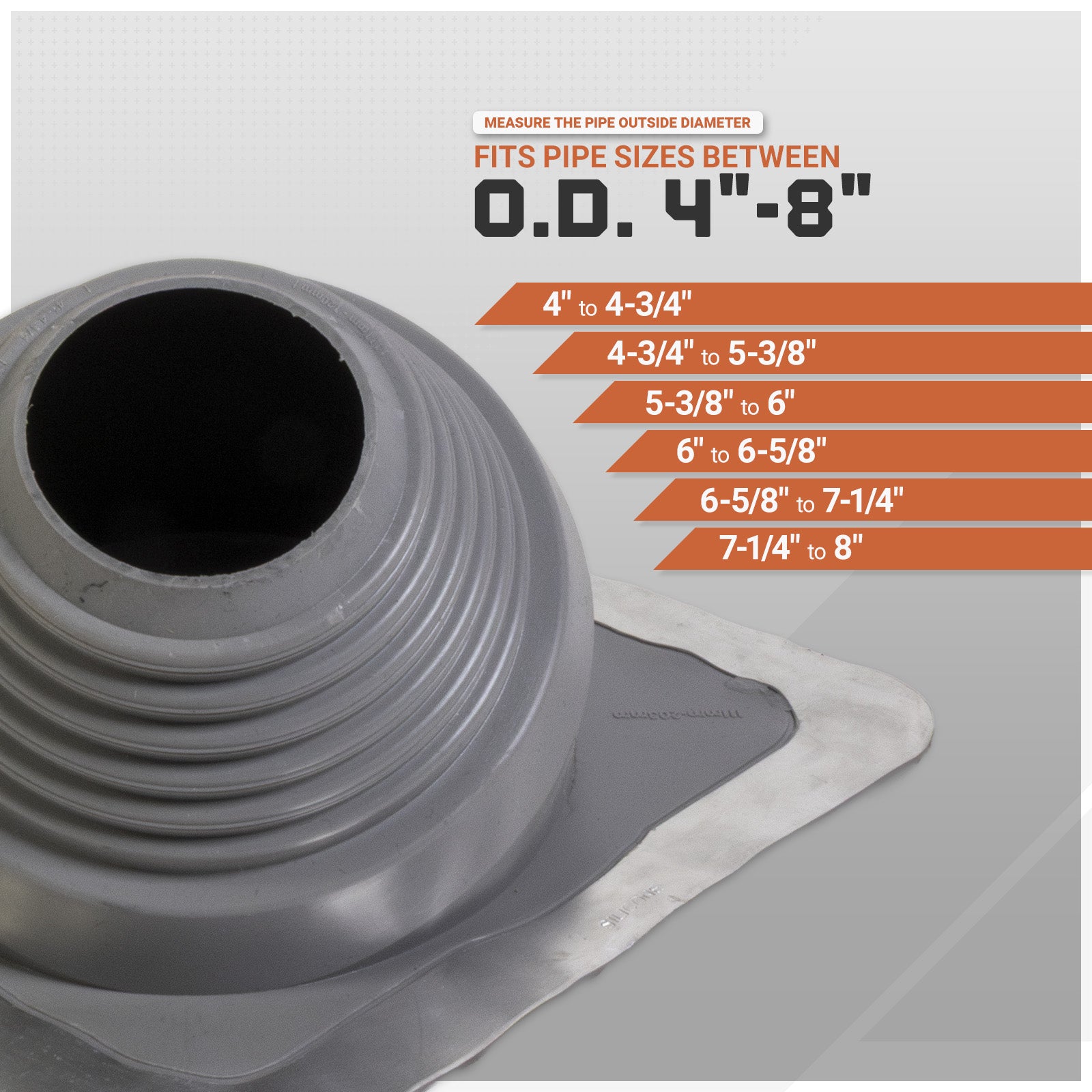 Gray pipe fitting with measurement chart on a white background