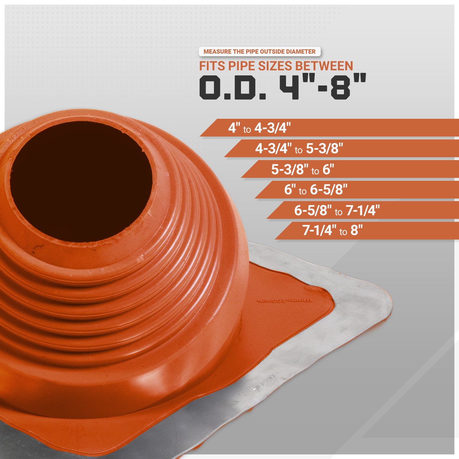 Orange pipe fitting with measurement chart on a gray background