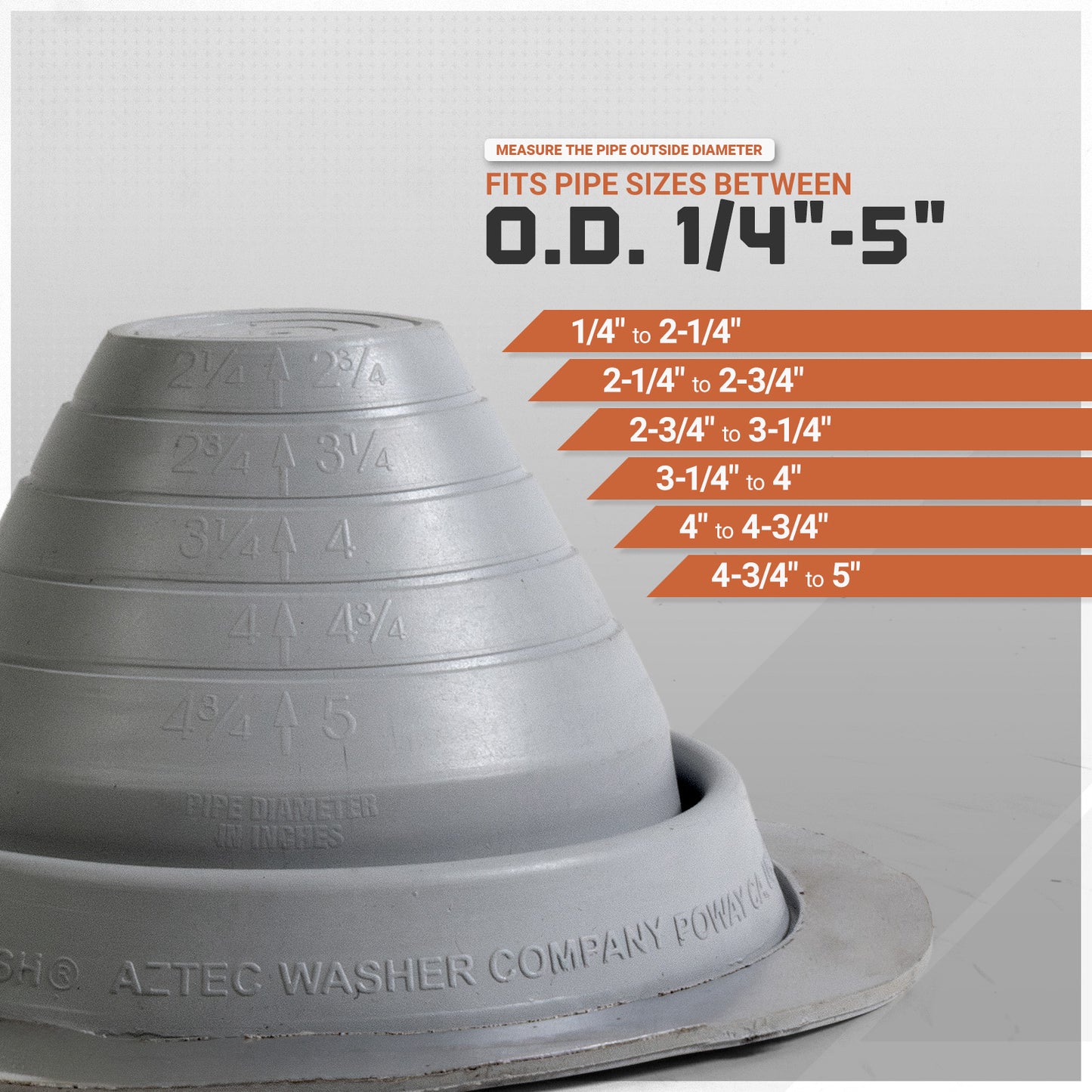 Gray pipe size measuring Metal roof boot with measurement chart on a white background