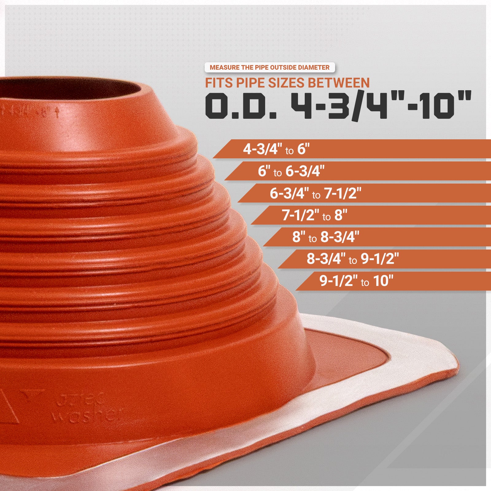 Red Metal roof boot with measurement chart on a gray background