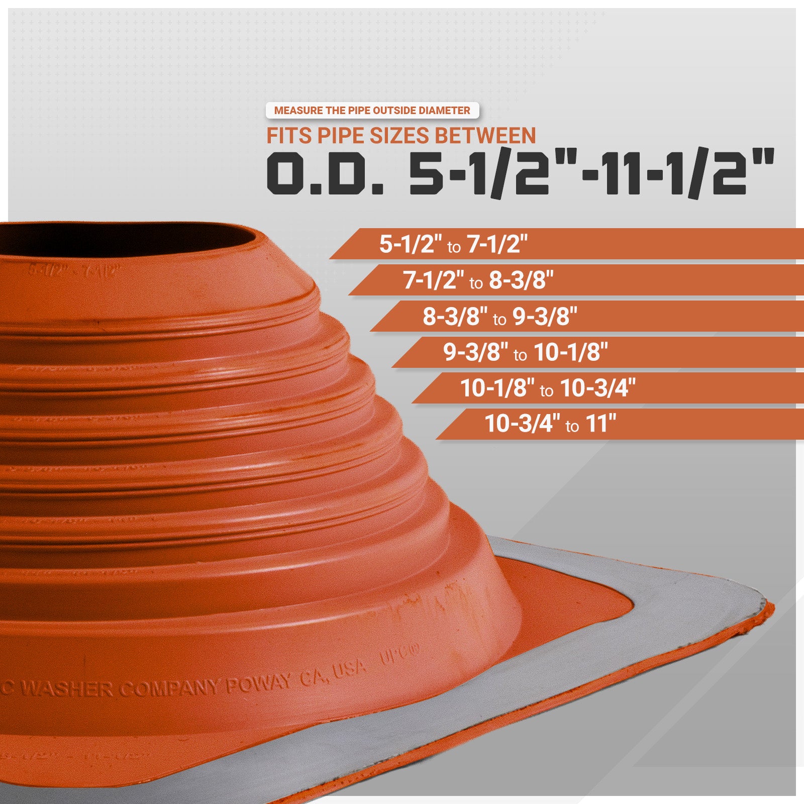 Metal roof boot with pipe measurement chart on a gray background
