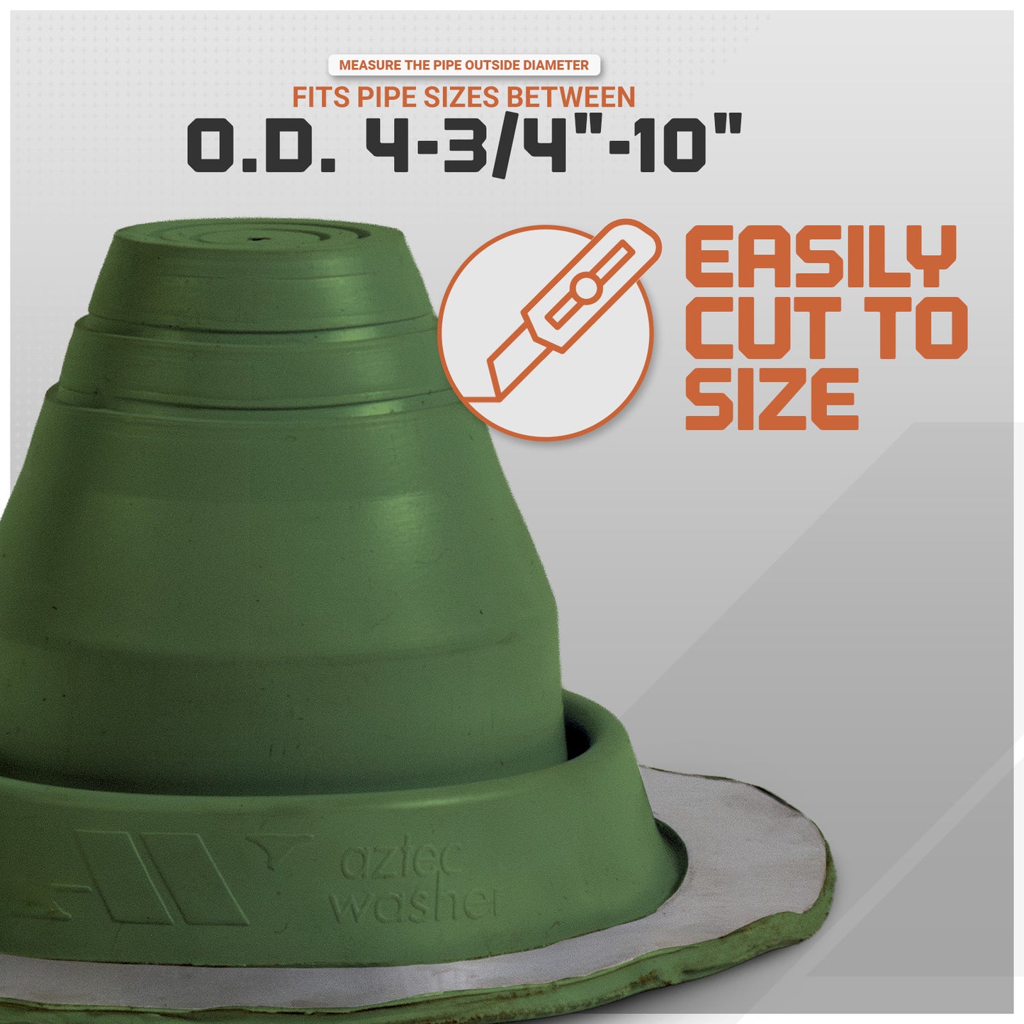 Green roof boot with text indicating size range and cutting feature on a white background