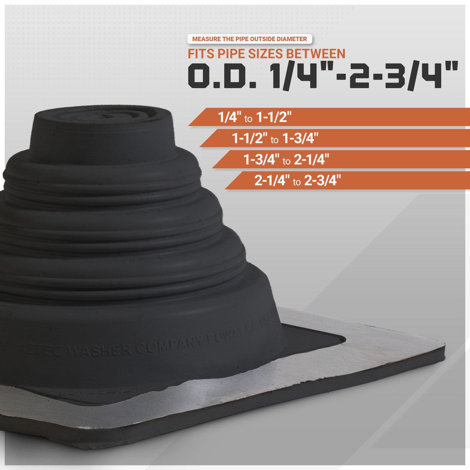 Black metal roof boot with measurement chart on a gray background