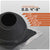 Black metal roof boot with pipe size measurement chart on a gray background