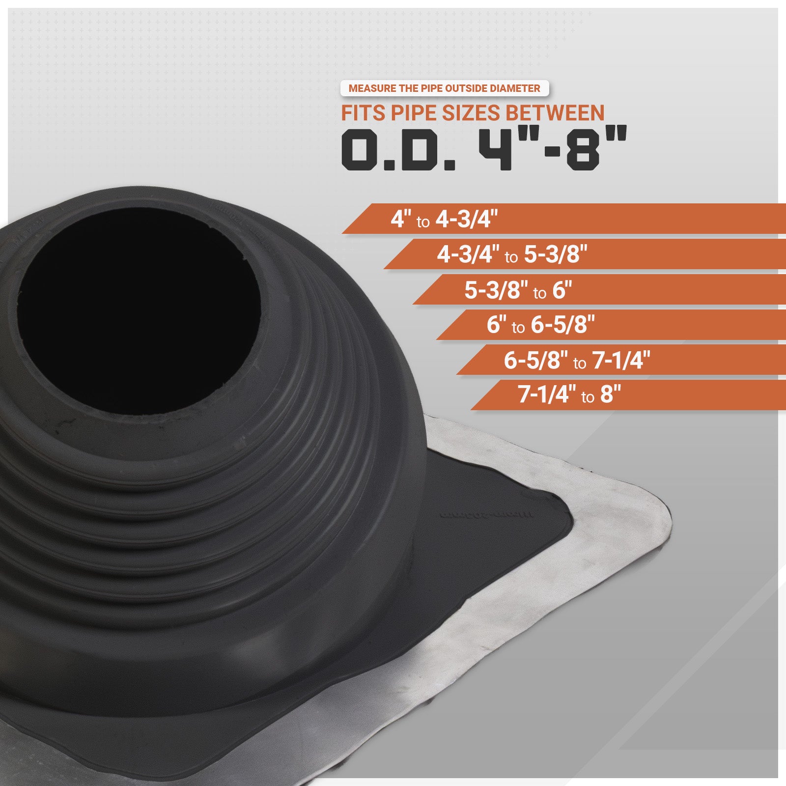Black metal roof boot with pipe size measurement chart on a gray background