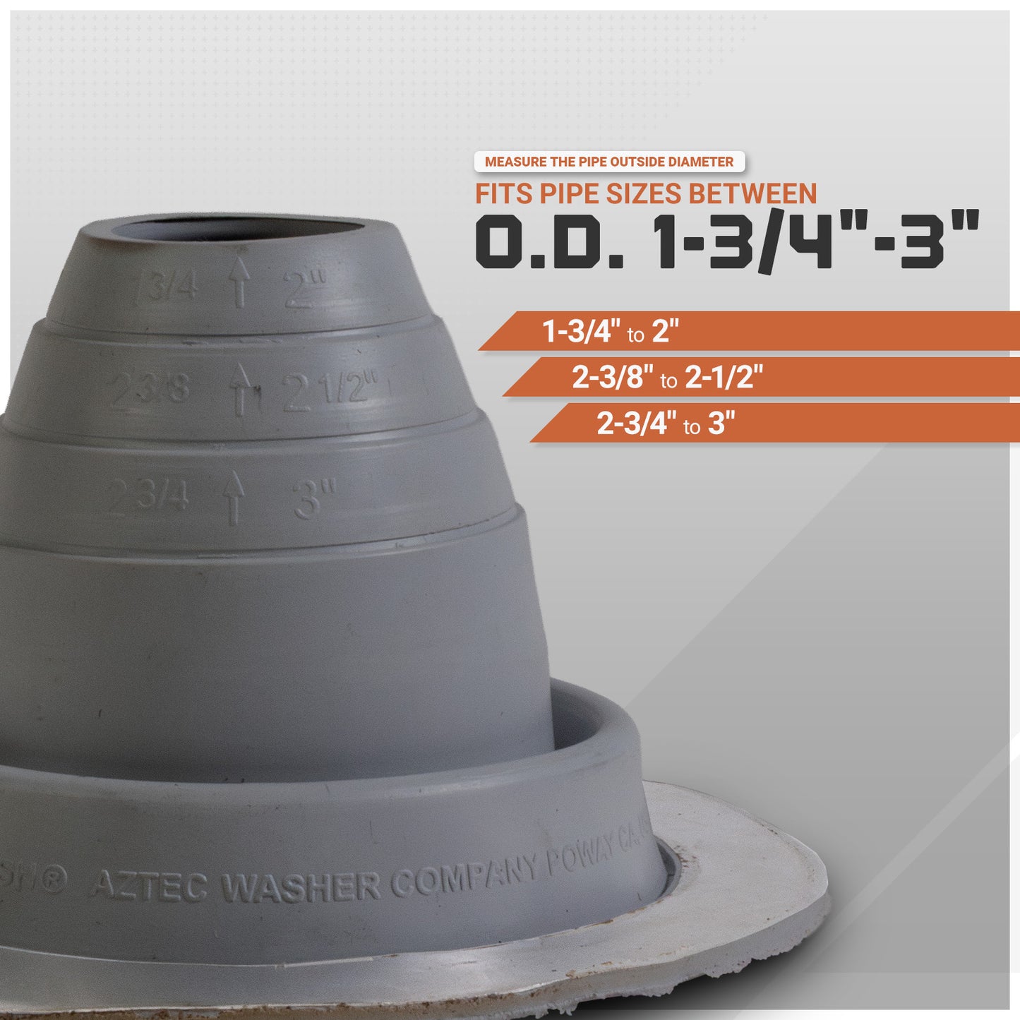 Gray pipe roof boot with measurement details on a white background