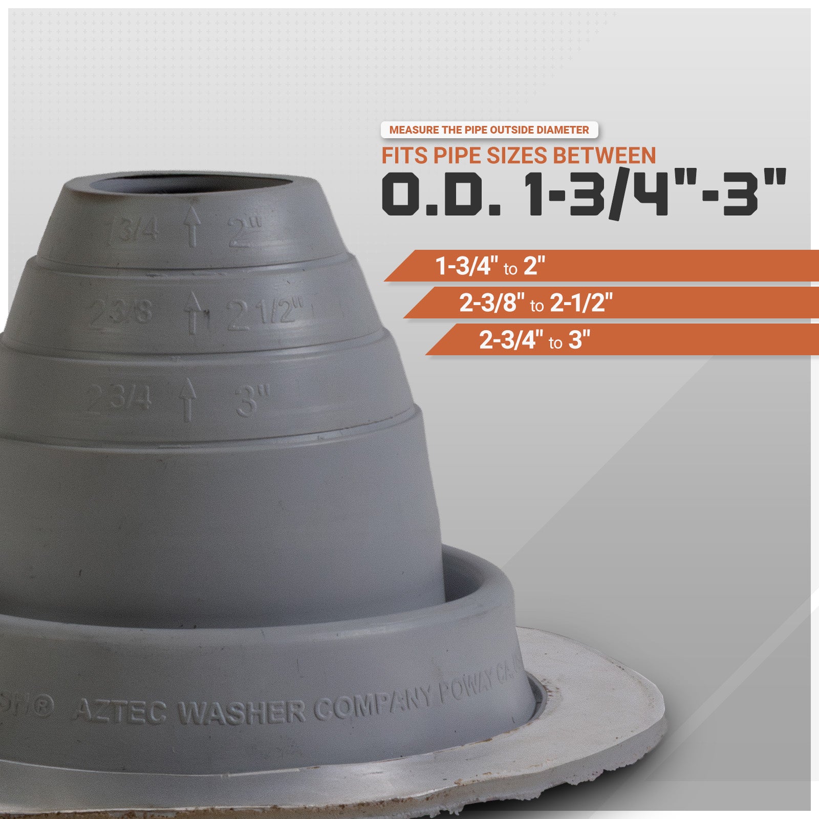 Gray pipe roof boot with measurement details on a white background