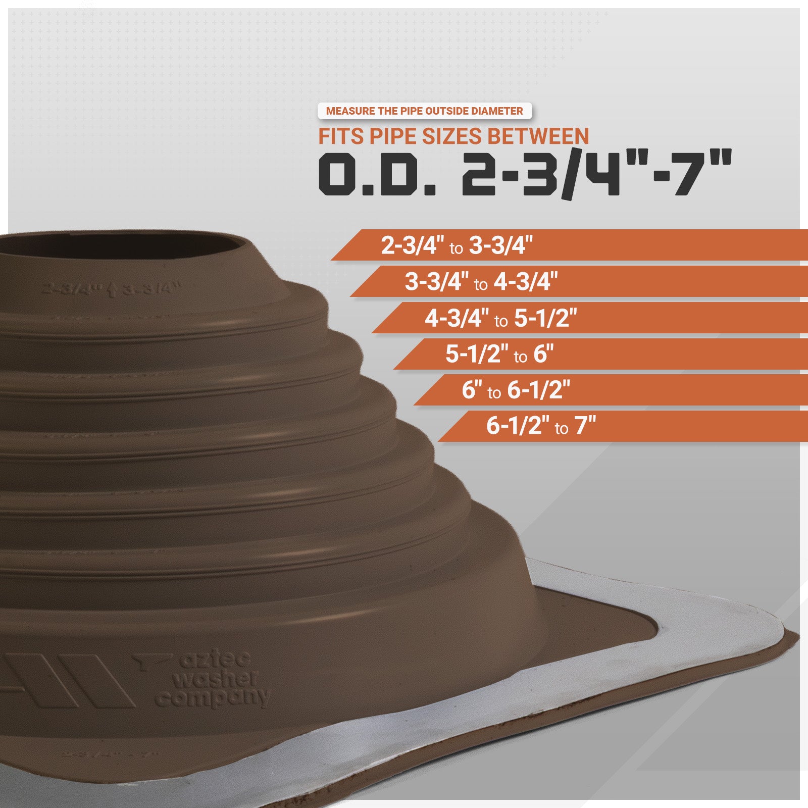 Brown Metal roof boot with pipe size chart on a white background