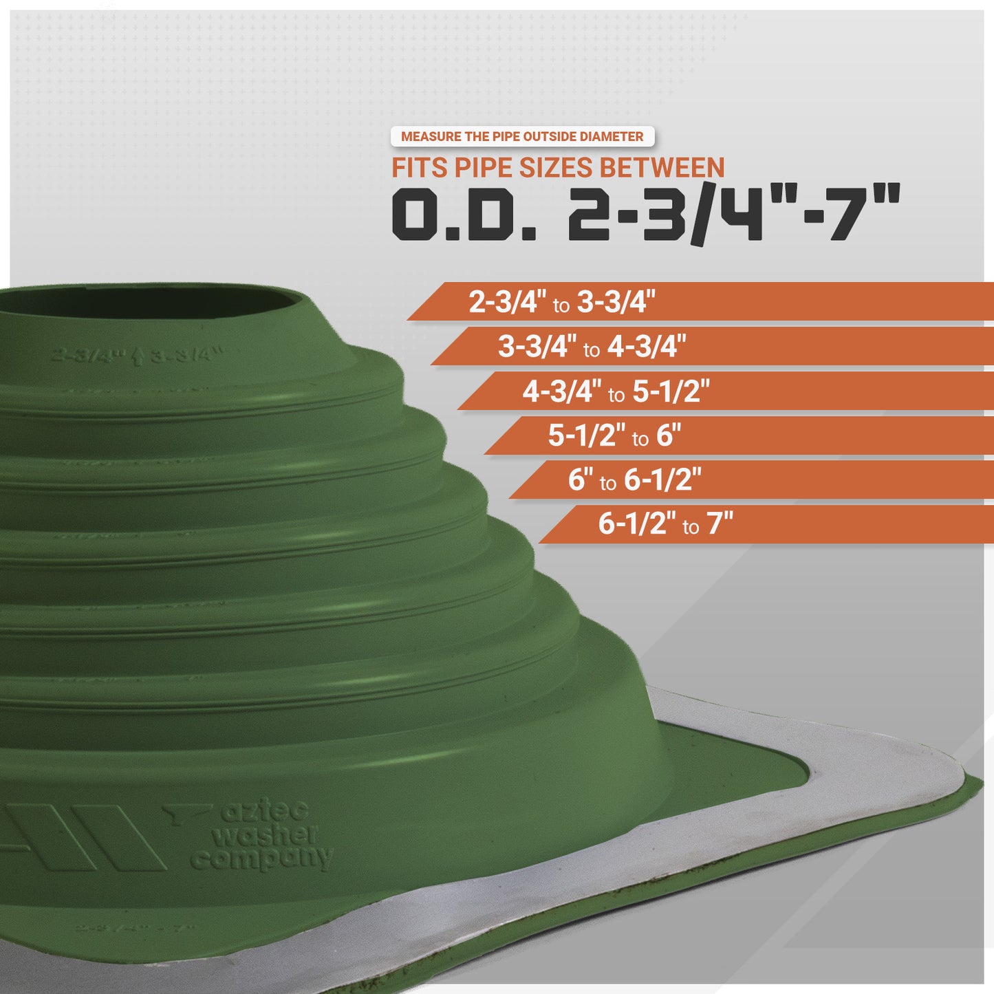 Green pipe fitting with size chart on a white background