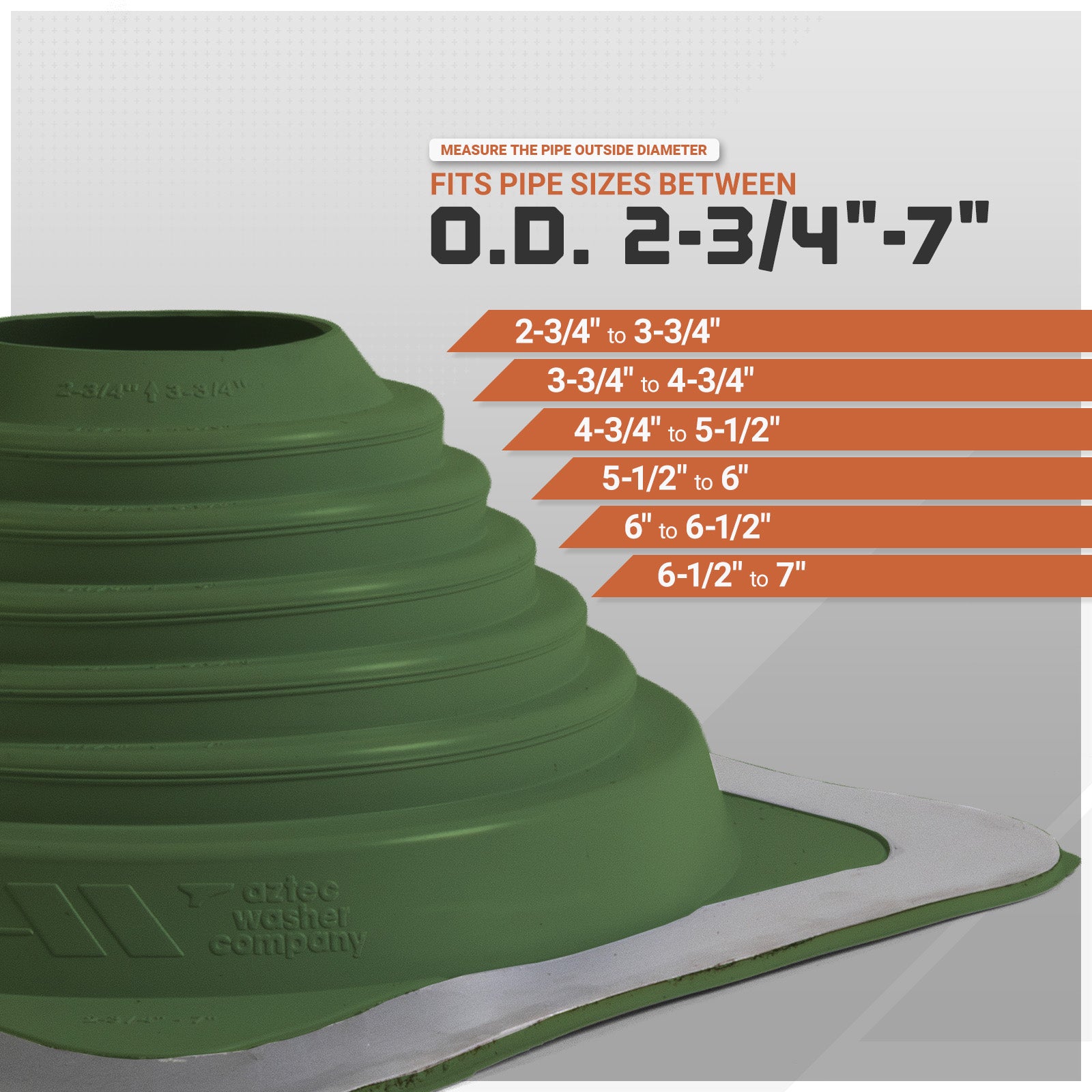 Green pipe fitting with size chart on a white background