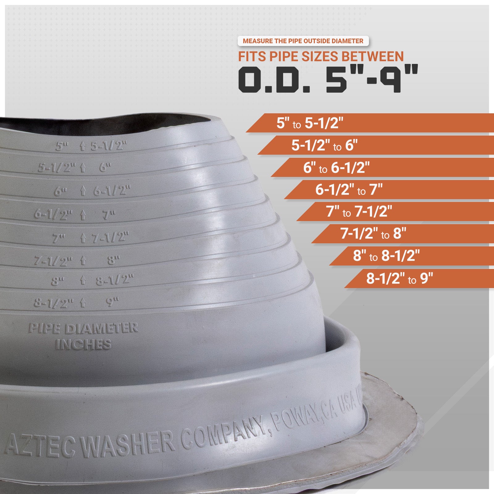 Pipe roof boot with measurement chart indicating fits pipe sizes between O.D. 5"-9".