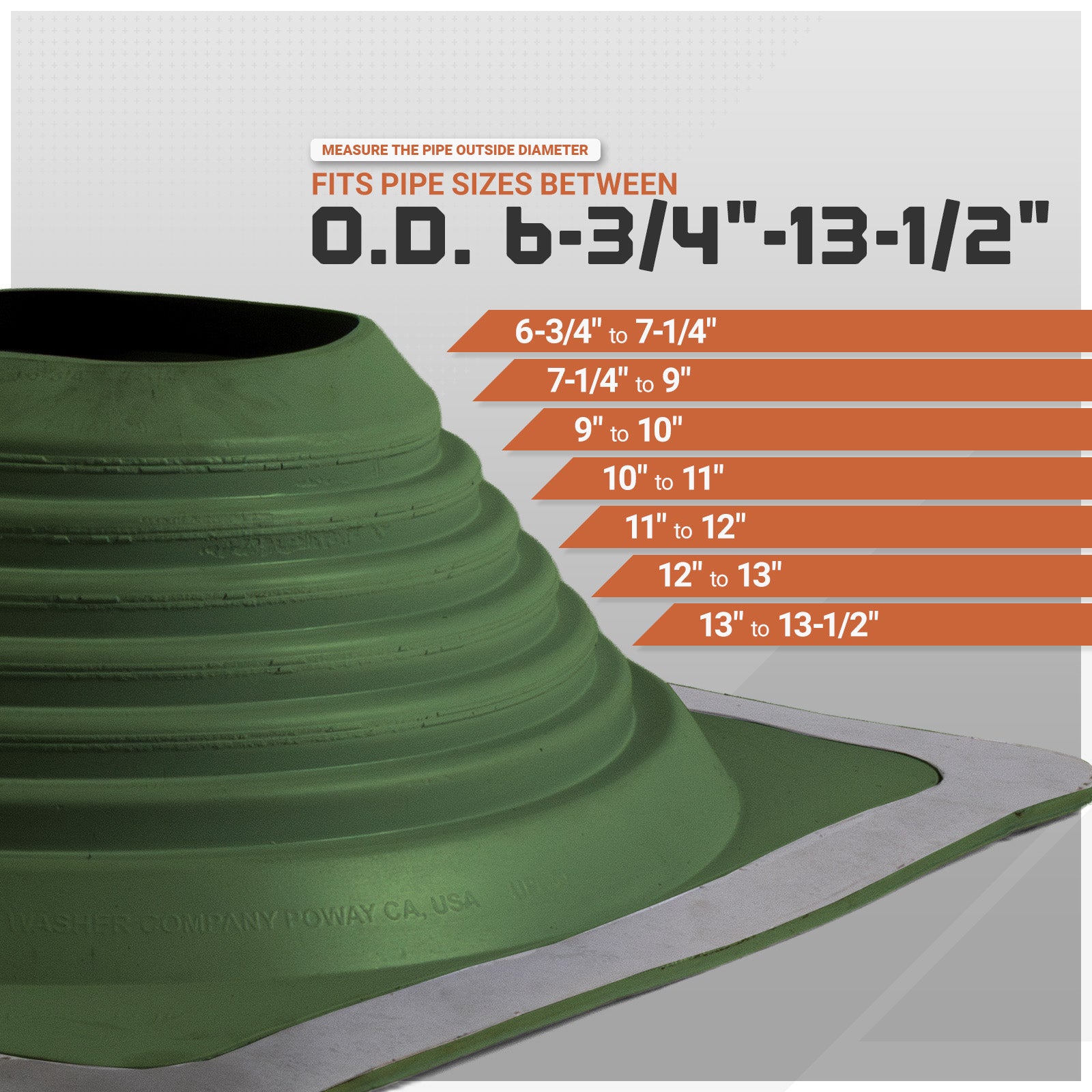 Green Metal roof boot with pipe measurement chart on a white background