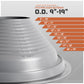 Pipe size measurement chart with Metal roof boot on a gray background