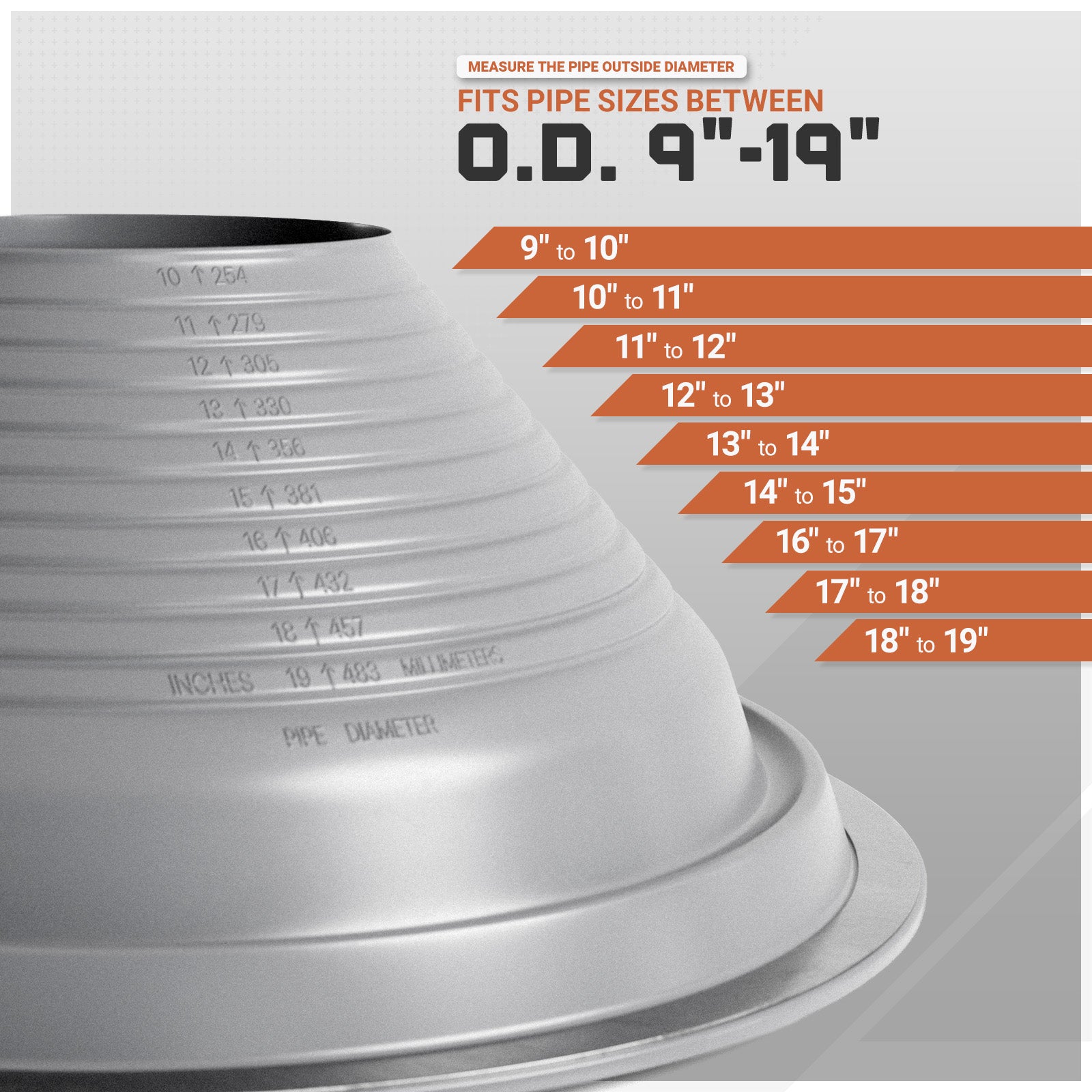 Pipe size measurement chart with Metal roof boot on a gray background