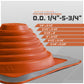 Orange Metal roof boot with pipe size chart on a gray background
