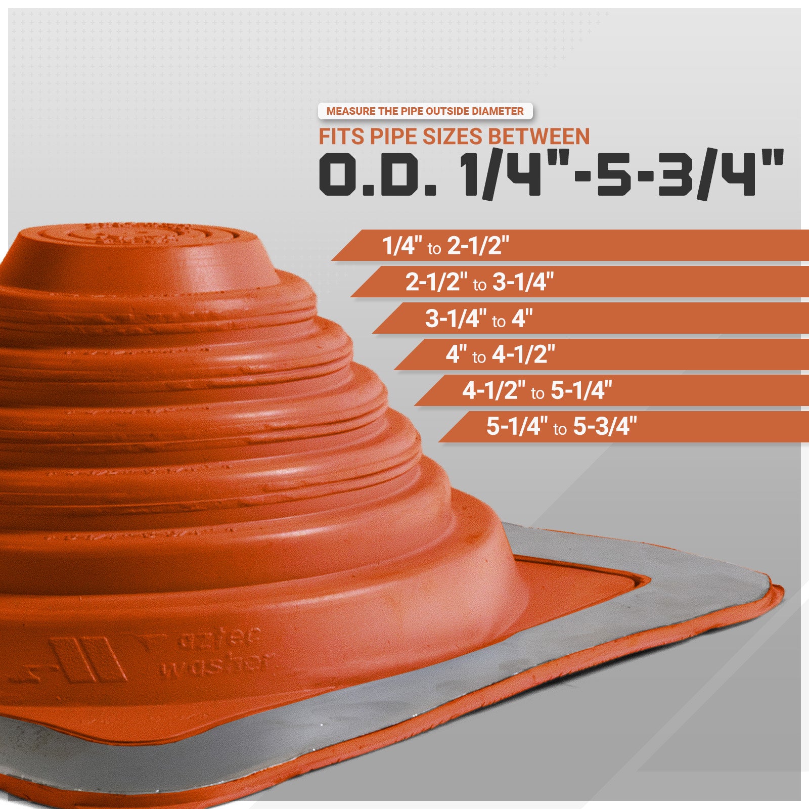Orange Metal roof boot with pipe size chart on a gray background