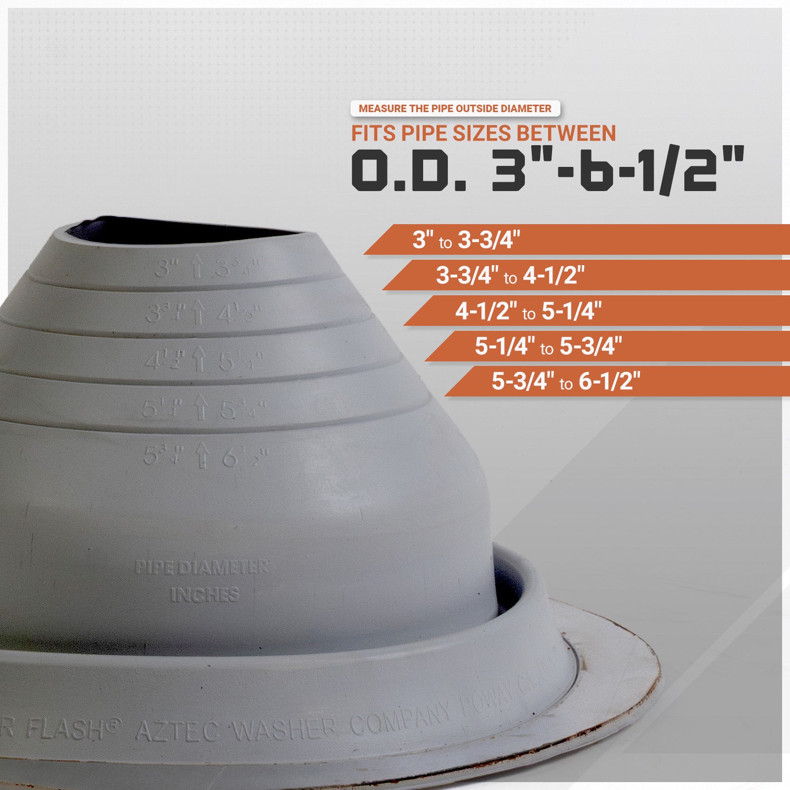 Gray pipe fitting with measurement chart on a white background