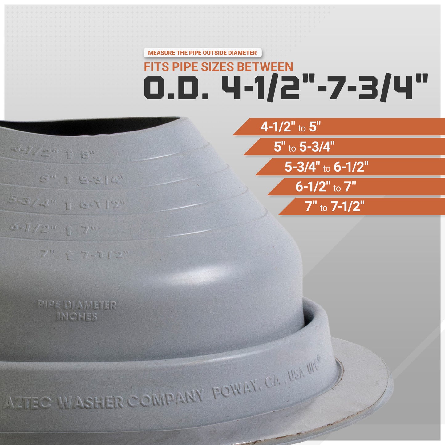 Gray pipe fitting with measurement chart on a white background